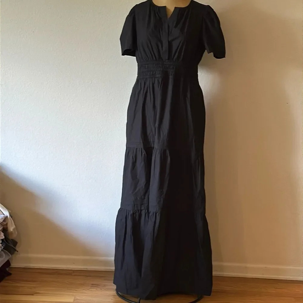 Quince S black cotton short sleeve v neck maxi dress 53” length excellent cond